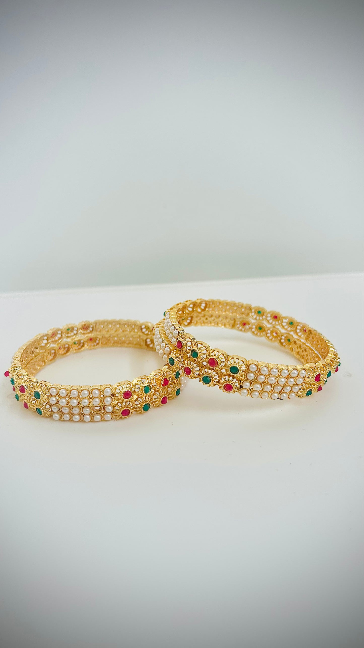 Pearl Gold Bangles with Red/Green Stones— Set of 4