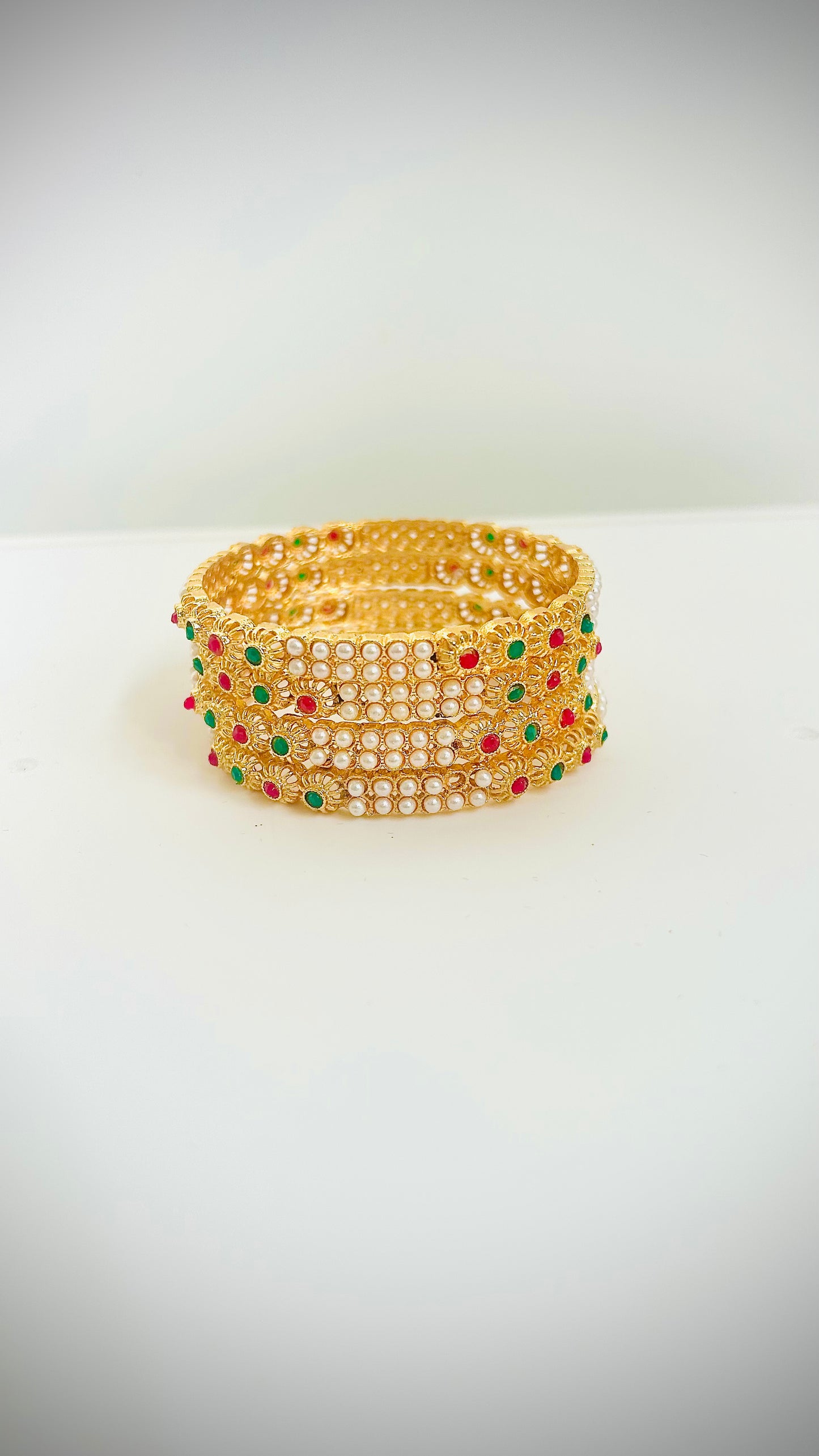 Pearl Gold Bangles with Red/Green Stones— Set of 4