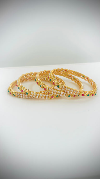Pearl Gold Bangles with Red/Green Stones— Set of 4