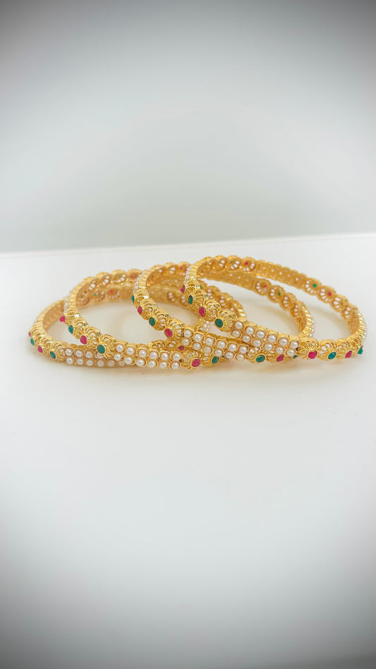 Pearl Gold Bangles with Red/Green Stones— Set of 4