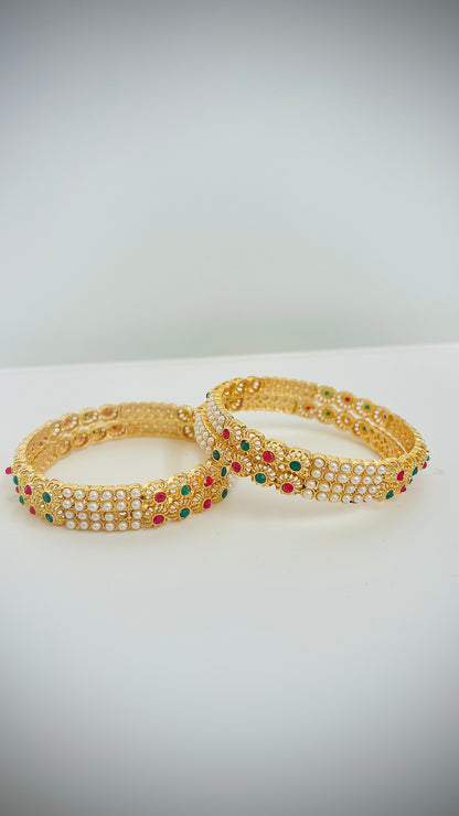 Pearl Gold Bangles with Red/Green Stones— Set of 4