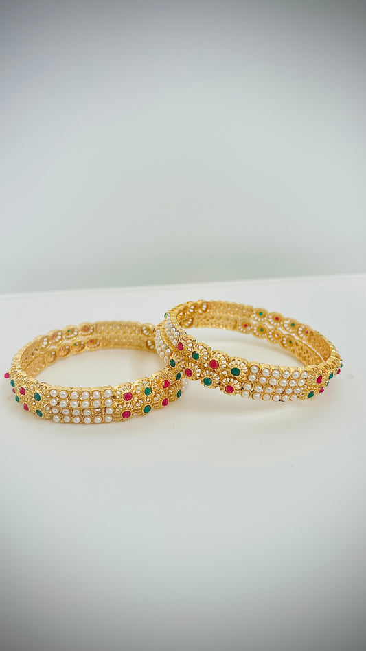 Pearl Gold Bangles with Red/Green Stones— Set of 4