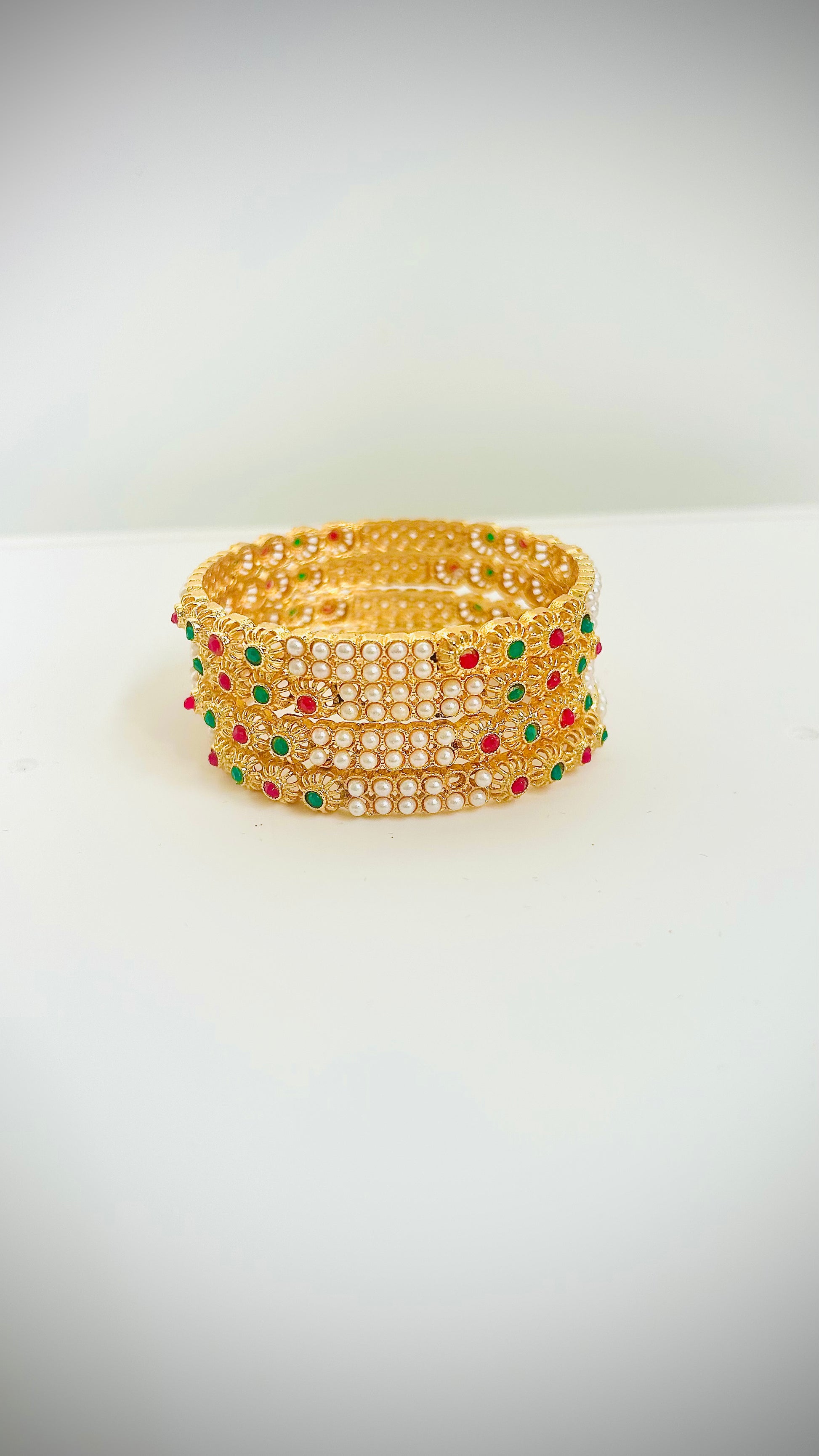 Pearl Gold Bangles with Red/Green Stones— Set of 4