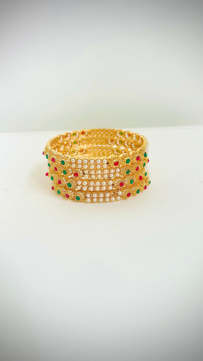 Pearl Gold Bangles with Red/Green Stones— Set of 4