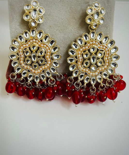 Traditional flat jhumka earrings in gold and silver tones with red accents – Desi festive jewelry