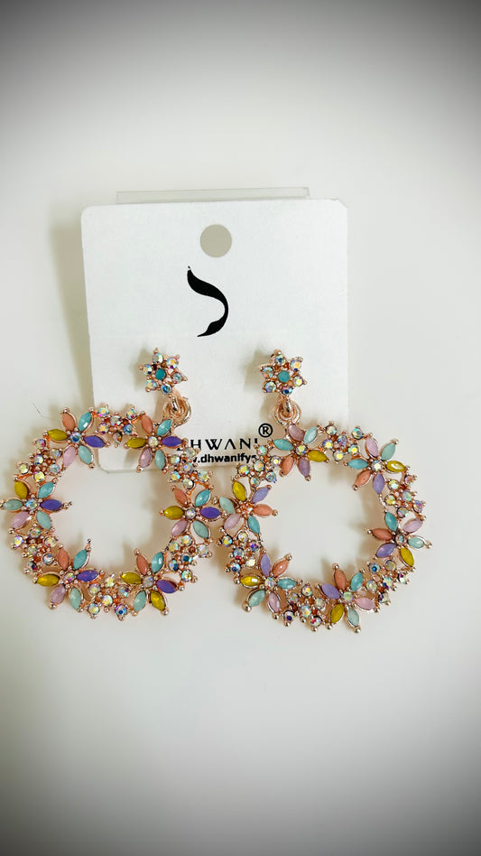 Multicolored floral hoop earrings with rose gold and gold accents – vibrant Desi gift jewelry