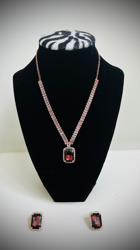 Pink necklace with gemstone pendant and matching earrings – elegant Desi jewelry set