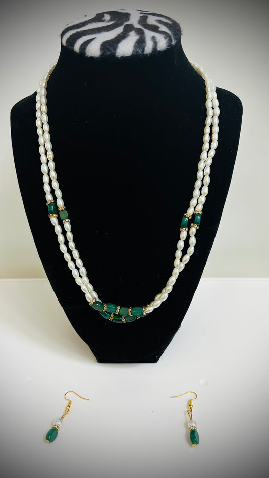 Double-layer white pearl necklace with green beads and matching green earrings – ethnic Desi jewelry set